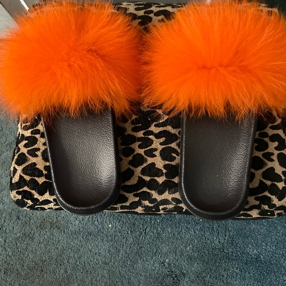 Orange fur slippers
